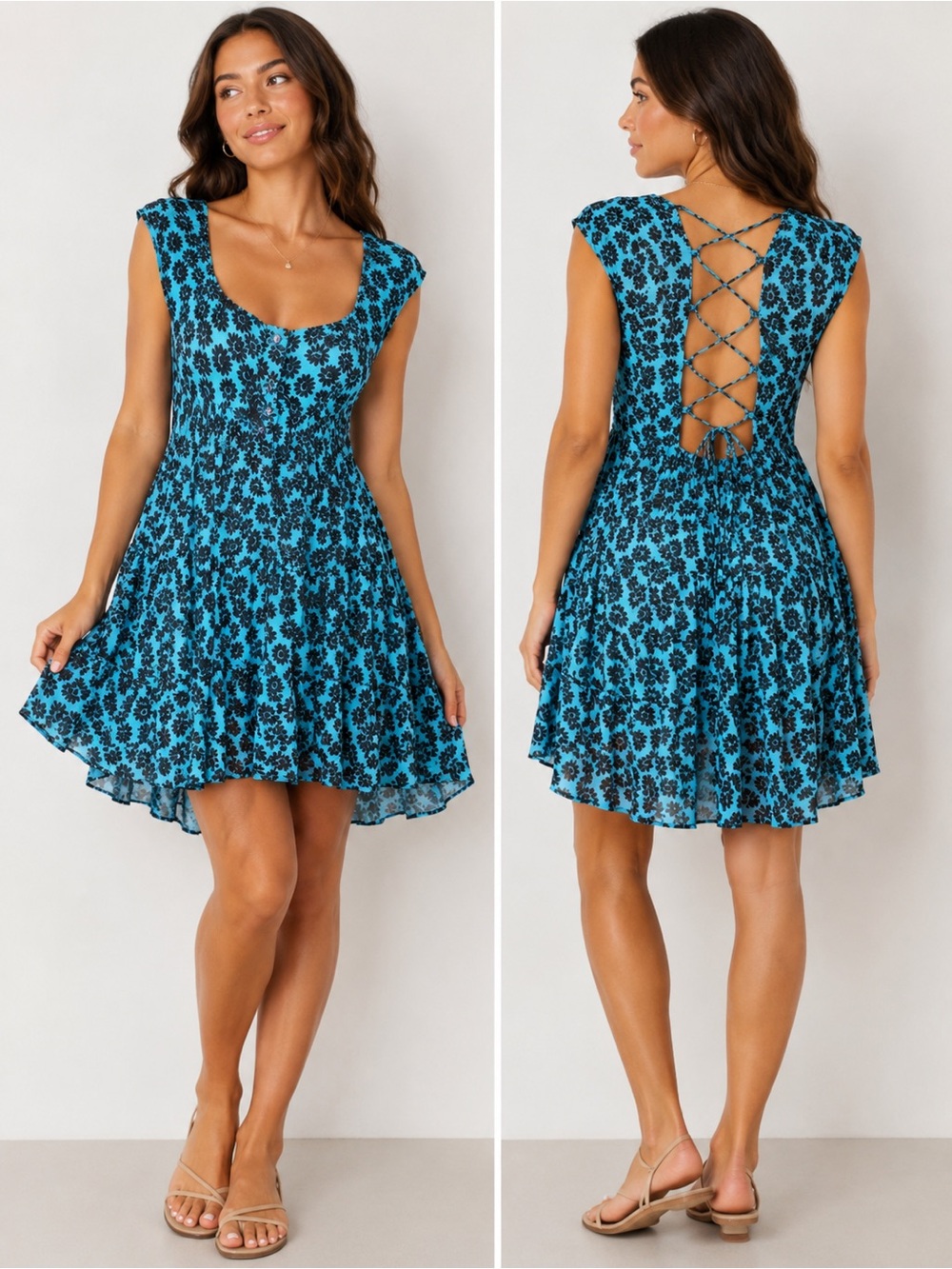 Urban Outfitters Blue & Black Floral Lace-Up Back Babydoll Mini Dress Size M